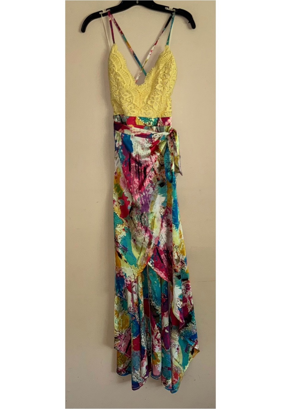 LUXXEL Yellow Multi Vibrant Abstract Knit Wrap Satin Midi Dress Size S